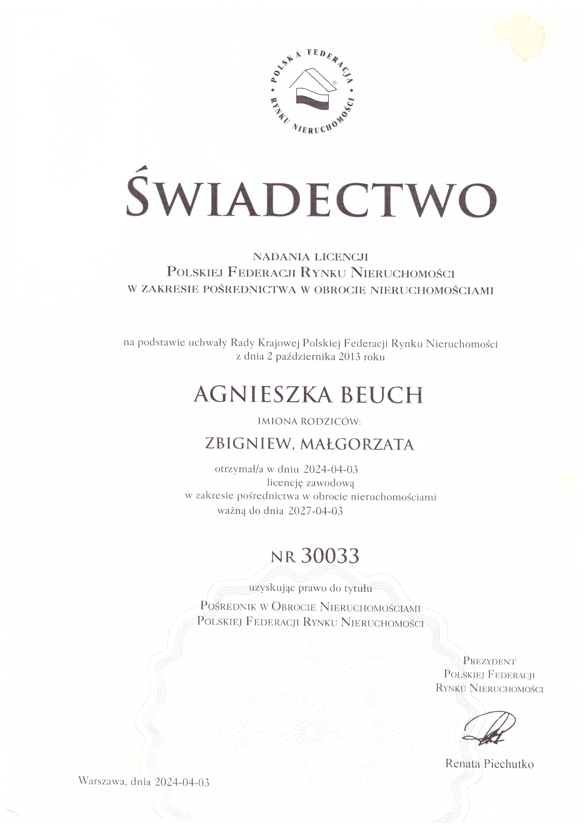 Licencja pośrednika nieruchomości nr 30333